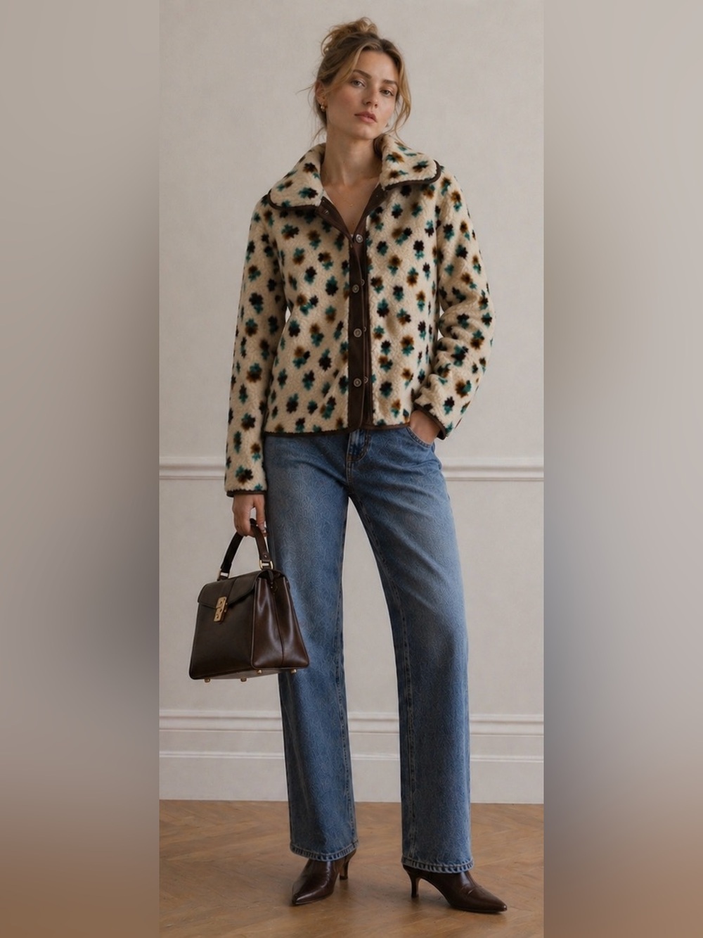 Cream Floral Teddy Jacket with Contrast Corduroy Trim.